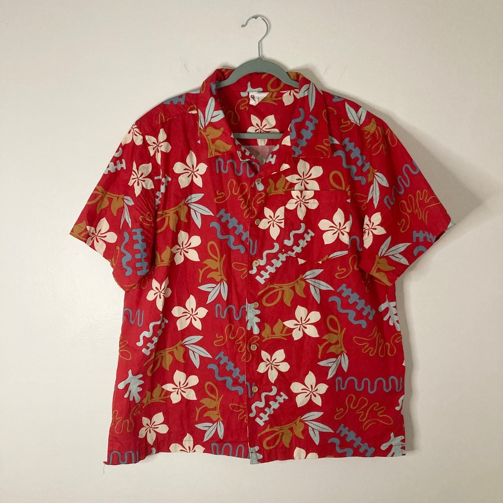 Vintage Barefoot In Paradise Mens Aloha Shirt Red Tropical Floral Cotton Large
